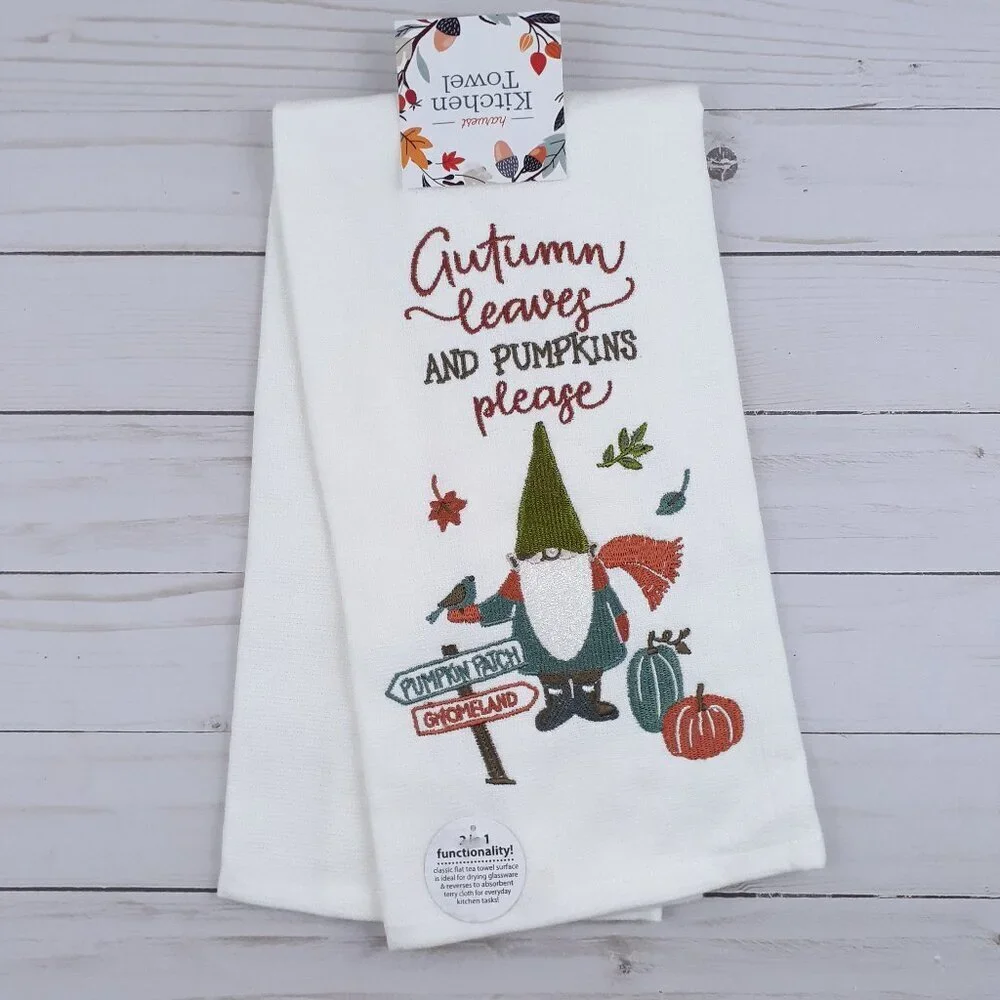 Fall Kitchen Dish Towel Dual Purpose Gnome Embroidered Pumpkin